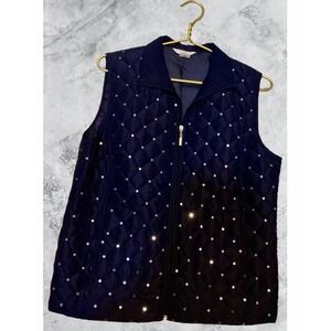 Allison Daley Petite Quilted Vest Navy Blue Sequins Zip Front Women12P